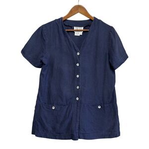 Womens Lagenlook Blouse Top Size 10P 100% Linen Button Front Short Sleeve Pocket